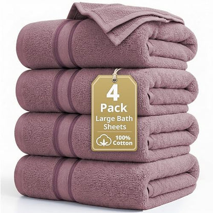 LANE LINEN Bath Sheet Set Quick Dry 100% Cotton 4 Pack Soft - Wishful Mauve