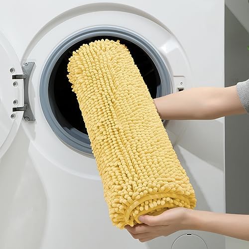 HOMEIDEAS Yellow Chenille Bathroom Rugs Set of 3, Non Slip Bath Mat