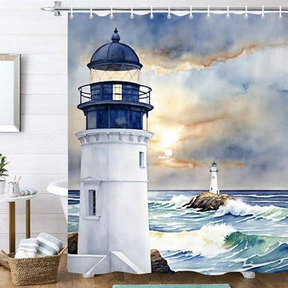 Coastal Lighthouse Shower Curtain, Ocean Nautical Sunrise Beach Seascape Bath Curtain, Sailboat Waterproof Bathroom Bathtub Decor Accessories with Hooks 72X72 in
