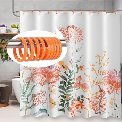 Orange Shower Curtain Hooks - 12 Pcs Circular Plastic Shower Curtain Rings for Bathroom - O Shaped Orange Shower Hooks Rings for Shower Curtain Rod