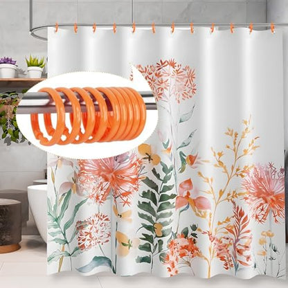 Orange Shower Curtain Hooks - 12 Pcs Circular Plastic Shower Curtain Rings for Bathroom - O Shaped Orange Shower Hooks Rings for Shower Curtain Rod
