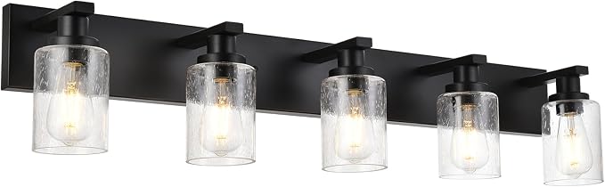 5-Lights Farmhouse Bathroom Vanity Light in Black Finish Wall Mount Lighting Fixtures with Seeded Glass for Mirror Cabinet Kitchen Bedroom