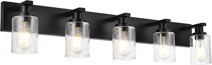 5-Lights Farmhouse Bathroom Vanity Light in Black Finish Wall Mount Lighting Fixtures with Seeded Glass for Mirror Cabinet Kitchen Bedroom
