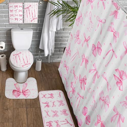 FuWeave 8 Pcs Pink Shower Curtain Sets for Bathroom Decor Cute Coquette Bathroom Accessories Bow Knot Aesthetic Girly Shower Curtain Sets with Towels Carpet Bath Mat Toilet Rugs and 12 Hooks