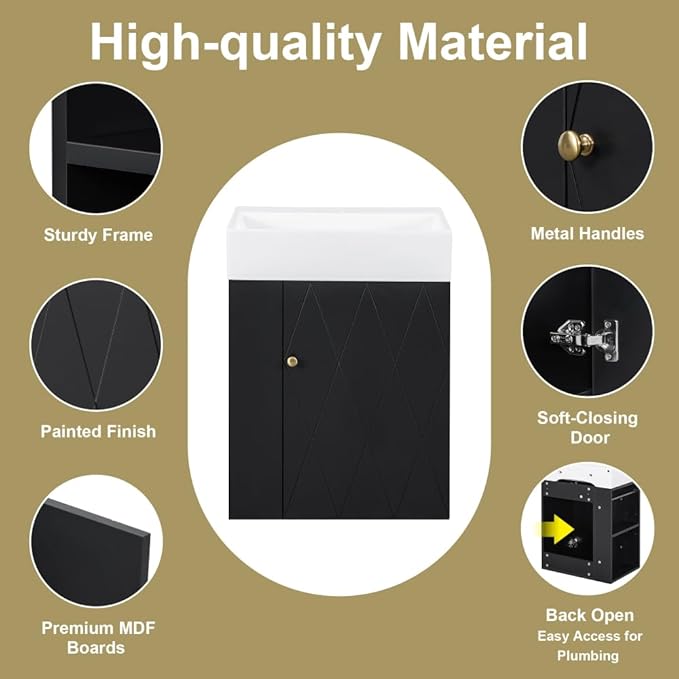 20" Floating Small Bathroom Vanity with Sink, Wall Mounted Vanity for Compact Bathrooms, Space-Saving Narrow Bathroom Vanities with Soft-Close Door Open Shelf Towel Bar (Black,20" Floating Door)