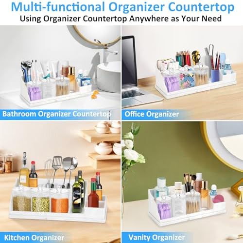 Bathroom Counter Organizer, Large White Silicone Toothbrush Holders for Bathrooms with 3PCS Qtip Holder, Bathroom Organizer Countertop Toothbrush and Toothpaste Holder for Makeup Organizer for Vanity