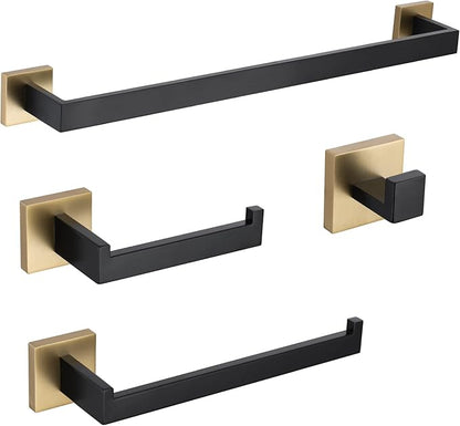 TURS 4-Piece Bathroom Hardware Set Black and Brushed Gold Towel Bar Holder Set Stainless Steel Bathroom Accessory Set Wall Mounted
