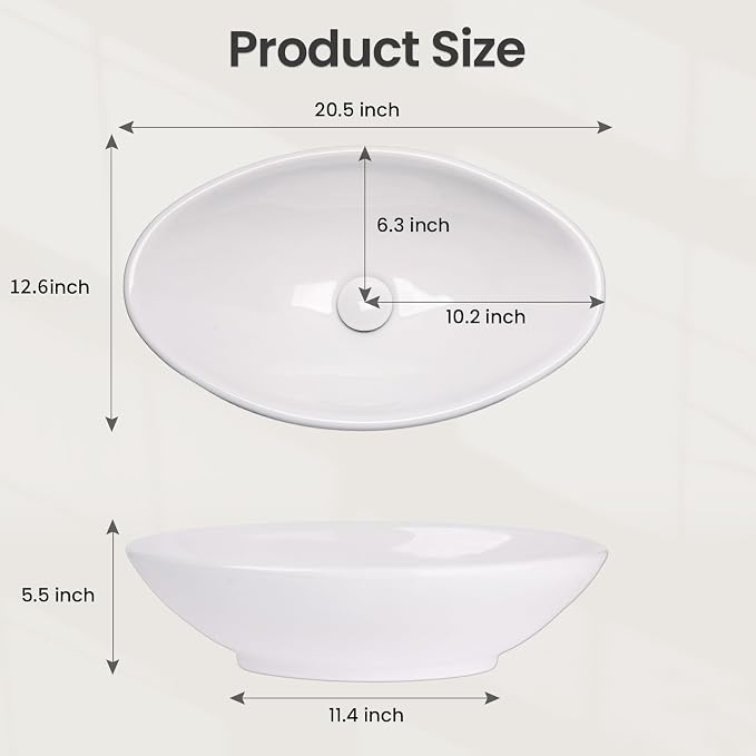 NUESTRA VIDA 20.5" x 12.6" x 5.5" Glossy White Egg Shaped Vessel Sink, Modern Above Counter Bathroom Vanity Basin
