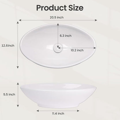 NUESTRA VIDA 20.5" x 12.6" x 5.5" Glossy White Egg Shaped Vessel Sink, Modern Above Counter Bathroom Vanity Basin
