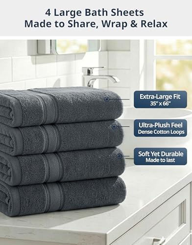 LANE LINEN Oversized Bath Sheets Set Absorbent Quick Dry 4 Pack - Cool Grey