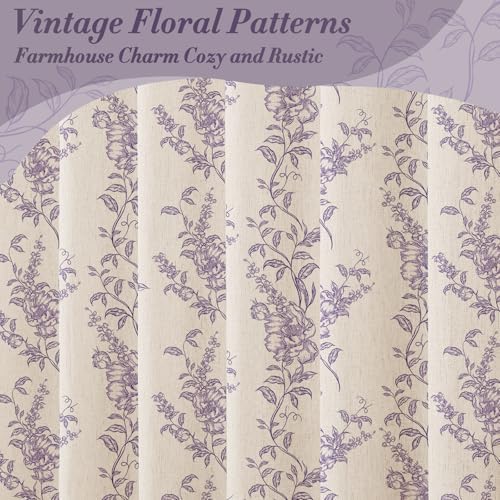 Purple Linen Farmhouse Shower Curtain, Boho Floral Bathroom 72x78