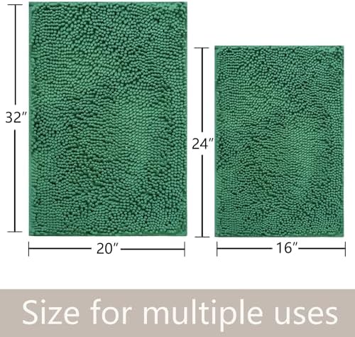 Bathroom Rugs Chenille, Extra Thick and Absorbent, Non-Slip, Machine Washable, Dry Quckily, Soft Cozy Plush, Used Under Shower Bathtub and Sink, Bath mat Sets 2Piece Dark Green