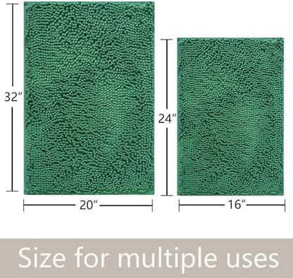 Bathroom Rugs Chenille, Extra Thick and Absorbent, Non-Slip, Machine Washable, Dry Quckily, Soft Cozy Plush, Used Under Shower Bathtub and Sink, Bath mat Sets 2Piece Dark Green