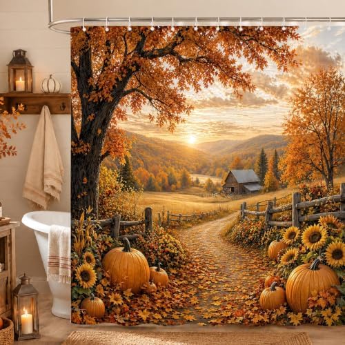 Autumn Pumpkin Shower Curtain, Fall Farmhouse Bathroom Curtain, Thanksgiving Harvest Sunflower Maple Leaves Country Road Waterproof Polyester Fabric Bath Curtain with Hooks 72x72 Inch