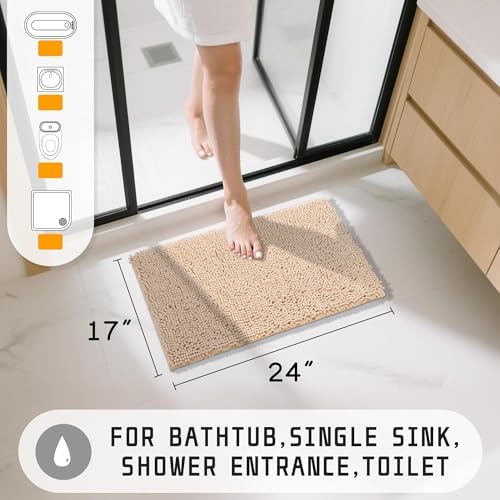 Yimobra Washable Bathroom Rugs, Super Soft & Absorbent Chenille Bath Mat for Floor & Carpet, Quick Dry Non Slip Bath Mat for Tub Shower, 24" x 17",Beige