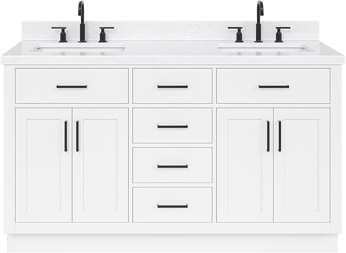 ARIEL Hepburn 66-inch Bathroom Vanity with Sink,Solid Wood, 1.5-inch Carrara White Quartz Countertop & Backsplash, Double Rectangular Porcelain Sink, 4 Soft Closing Doors, 6 Dovetail Drawers, White