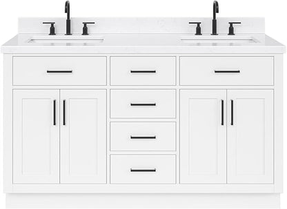 ARIEL Hepburn 66-inch Bathroom Vanity with Sink,Solid Wood, 1.5-inch Carrara White Quartz Countertop & Backsplash, Double Rectangular Porcelain Sink, 4 Soft Closing Doors, 6 Dovetail Drawers, White