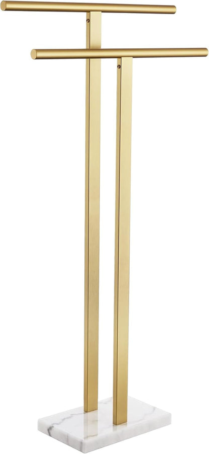 KOKOSIRI Standing Towel Rack for Bathroom Floor 2-Tier Towel Holder Free Stand with Heavy Marble Base Thicken Steady Design Gold Stainless Steel THS0005-BG