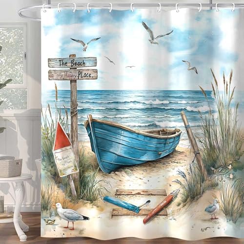 Nautical Coastal Shower Curtain for Bathroom, Ocean Beach Decor Bath Curtains, Blue Teal Seasides Sailboat Shower Curtain Set with Hook 72X72IN