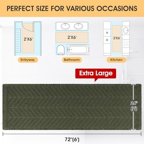 Extra Large Waffle Bath Mat, Boho Woven Modern Bath Rug Absorbent Non Slip, Ultra Soft Bathroom Mats, Machine Washable Knit Bath Rugs with Herringbones for Bathroom, Bedroom, Shower, 6'x2', Dark Green