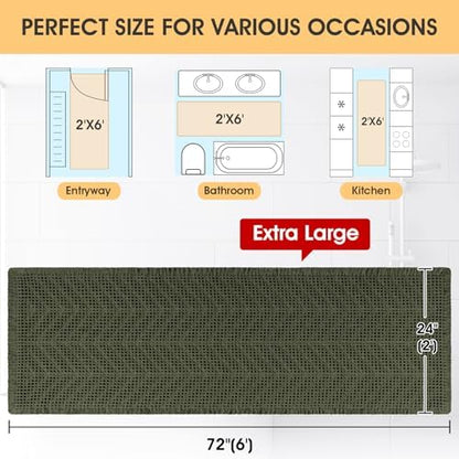 Extra Large Waffle Bath Mat, Boho Woven Modern Bath Rug Absorbent Non Slip, Ultra Soft Bathroom Mats, Machine Washable Knit Bath Rugs with Herringbones for Bathroom, Bedroom, Shower, 6'x2', Dark Green