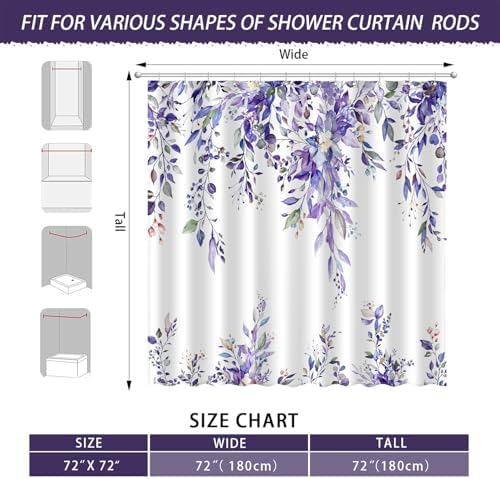 Eucalyptus Shower Curtain, Abstract Aesthetic Art Watercolor Plant Leaves with Floral Bathroom Decor, Waterproof Fabric Cloth Bath Curtain Set with Hooks (Purple, 72x72 Inches)