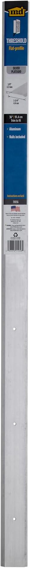 M-D Building Products 11056 1-3/4 in. x 1/8 in. x 36 in. Silver Aluminum Flat-Profile Threshold for Interior Doorways