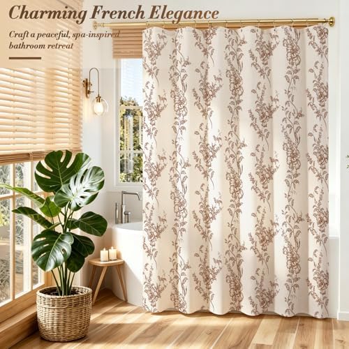 Brown Linen Farmhouse Shower Curtain, Boho Floral Bathroom 72x72