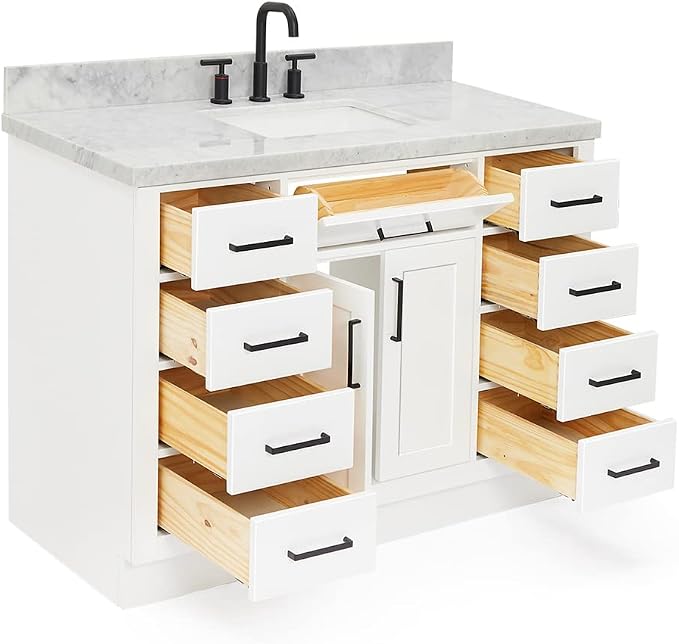Isabella 48-Inch Bathroom Vanity with Sink — White Single Sink Bathroom Vanity, 1.5" Edge Italian Carrara Marble Top, Solid Wood, 2 Soft-Close Doors, 8 Dovetail Drawers + Tilt Drawer
