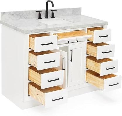 Isabella 48-Inch Bathroom Vanity with Sink — White Single Sink Bathroom Vanity, 1.5" Edge Italian Carrara Marble Top, Solid Wood, 2 Soft-Close Doors, 8 Dovetail Drawers + Tilt Drawer