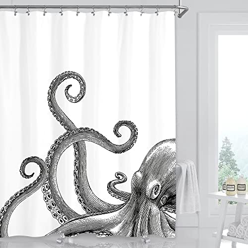 Miyotaa Octopus Kraken Shower Curtain Set 60Wx71H Inches Nautical Ocean Tentacles Sea Creatures Mythical Black White Polyester Waterproof Bathroom Curtain with 12 Hooks