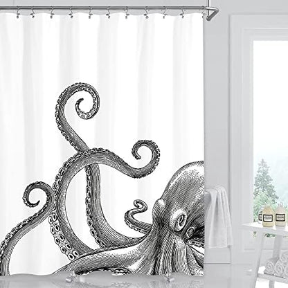 Miyotaa Octopus Kraken Shower Curtain Set 60Wx71H Inches Nautical Ocean Tentacles Sea Creatures Mythical Black White Polyester Waterproof Bathroom Curtain with 12 Hooks
