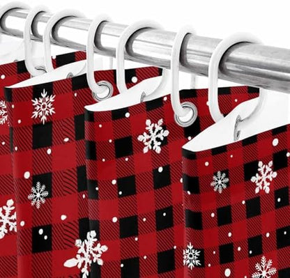 Christmas Snowman Shower Curtain Bathroom Set Red Black Buffalo Plaid Waterproof Shower Curtains with Grommets Hooks Xmas Snowflakes Privacy Bath Curtain for Bathtub Decor 60x72in