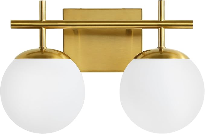 AIJIASI Gold Vanity Light, 2-Light Bathroom Lighting Fixtures Over Mirror Milky White Glass Globe Shades, Modern Vanity Lighting Fixtures Wall Sconce 14 Inch (Exclude E26 Bulb)