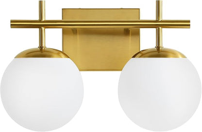 AIJIASI Gold Vanity Light, 2-Light Bathroom Lighting Fixtures Over Mirror Milky White Glass Globe Shades, Modern Vanity Lighting Fixtures Wall Sconce 14 Inch (Exclude E26 Bulb)