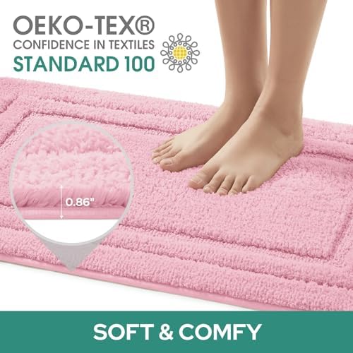 HOMEIDEAS Bathroom Rugs Sets 2 Piece, Super Soft and Absorbent Non Slip Microfiber U-Shaped Toilet Bath Mat Set (20"x32"+U20 x24, Light Pink)