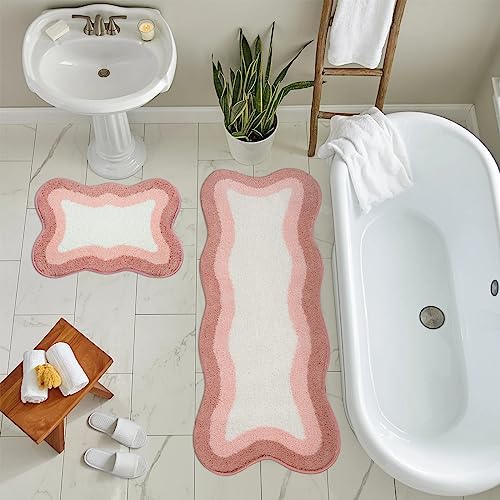 HAOCOO Bathroom Runner Rugs 18x47 inch, Non-Slip Long Rug Cute Bath Mat, Soft Luxury Shower Mat Microfiber Machine Washable Pink Floor Carpet for Sink Tub (washable rug)