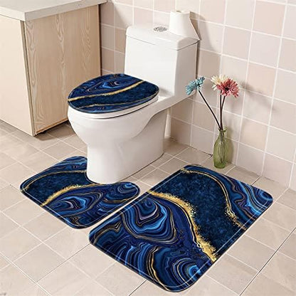 Nkzply 4Pcs Navy Blue Marble Shower Curtain Sets with Rugs Bathroom Set