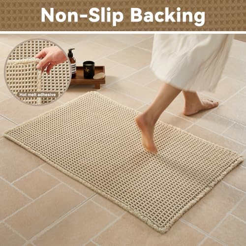 Triohero Waffle Bath Mat, Boho Bathroom Rugs Non Slip, 24x48 Pale Beige