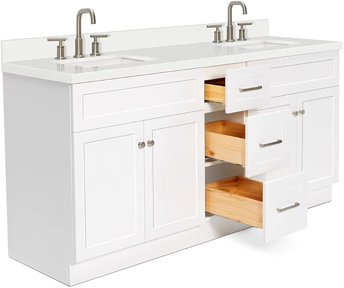 ARIEL Hamlet 72-inch Bathroom Vanity with Sink,Solid Wood, 1.5-inch Pure White Quartz Countertop & Backsplash, Double Rectangular Porcelain Sink, 4 Soft Closing Doors, 3 Dovetail Drawers, White