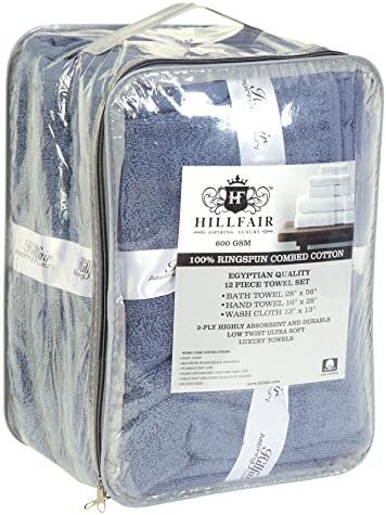 HILLFAIR Premium 100% Combed Cotton 12 Piece Bath Towels Set - Wedgewood Blue