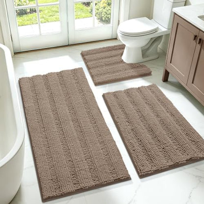 ACCUMTEK Striped Ultra Soft Bathroom Rugs and Mats Set 3 Pieces Bath Mat Set Dark Beige, Thick Chenille Bath Rugs Non Slip Bath Mats for Bathroom, Kitchen