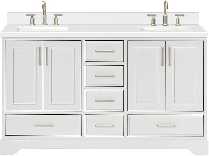 ARIEL Stafford 60-inch Bathroom Vanity with Sink,Solid Wood, 1.5-inch Pure White Quartz Countertop & Backsplash, Double Rectangular Porcelain Sink, 4 Soft Closing Doors, 6 Dovetail Drawers, White