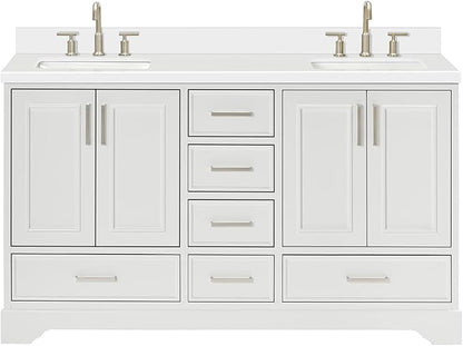 ARIEL Stafford 60-inch Bathroom Vanity with Sink,Solid Wood, 1.5-inch Pure White Quartz Countertop & Backsplash, Double Rectangular Porcelain Sink, 4 Soft Closing Doors, 6 Dovetail Drawers, White