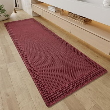 RESARE Waffle Bathroom Runner Rugs, Non Slip Boho Bath Mat 24"x72" Dark Red