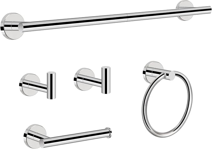 NearMoon 5 Pieces Bathroom Hardware Set SUS304 Thicken Stainless Steel-Towel Rack Kit Include 24" Towel Rod + Bath Towel Ring + Toilet Paper Holder + Robe Towel Hooks Bath Accessories (Chrome Finish)