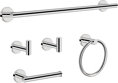 NearMoon 5 Pieces Bathroom Hardware Set SUS304 Thicken Stainless Steel-Towel Rack Kit Include 24" Towel Rod + Bath Towel Ring + Toilet Paper Holder + Robe Towel Hooks Bath Accessories (Chrome Finish)