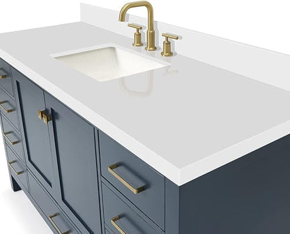 ARIEL Cambridge 60-inch Bathroom Vanity with Sink,Solid Wood, 1.5-inch Pure White Quartz Countertop, Single Rectangular Porcelain Sink, 2 Soft Closing Doors, 9 Dovetail Drawers, Midnight Blue