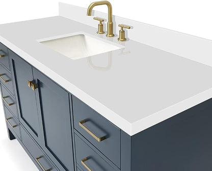 ARIEL Cambridge 60-inch Bathroom Vanity with Sink,Solid Wood, 1.5-inch Pure White Quartz Countertop, Single Rectangular Porcelain Sink, 2 Soft Closing Doors, 9 Dovetail Drawers, Midnight Blue