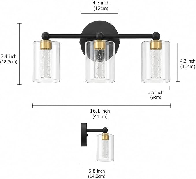 Black and Gold Vanity Light with 3 Color Modes, Eye Protection LED Bathroom Light Fixtures, Dimmable Modern Wall Light Over Mirror with Clear Glass Shade (Black & Gold, 3-Light)